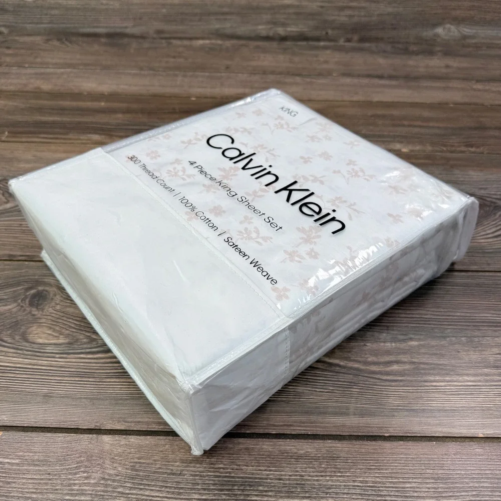 Calvin Klein King 4pc Sheet Set White Pink Shaded Foliage Cotton Sateen NEW